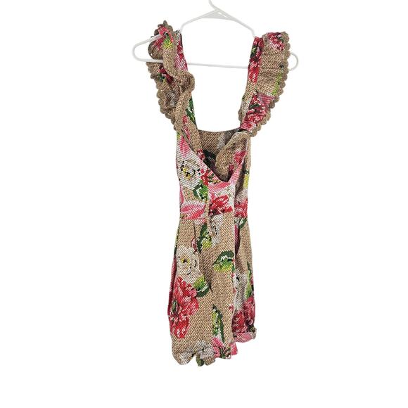 Farm Rio Crossback Linen Romper Brown Floral Ruffle Frilled Tie Waist Size S - Picture 3 of 9